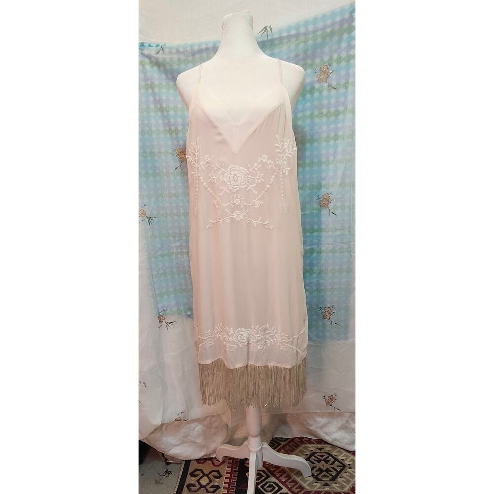 NWT Sz 6 Cream Embroidered Fringe Bridal Knee Length Dress Satin V Neck Stunning